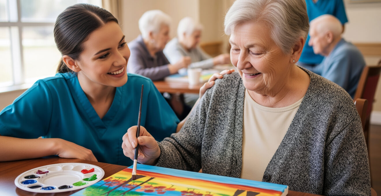 Une aide soignante au contact d'une personne âgée lors d'une activité artistique
