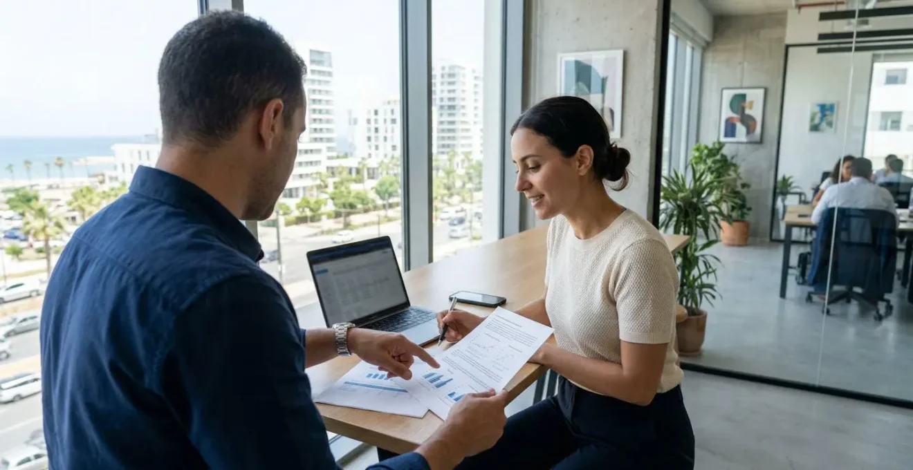 Deux professionnels en tenue de ville échangent debout autour de documents dans un bureau moderne aux larges baies vitrées donnant sur Casablanca