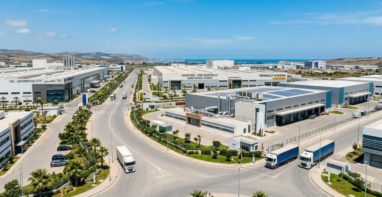 Vue large d'une zone industrielle contemporaine avec des bâtiments aux lignes épurées, des infrastructures routières propres et un ciel dégagé sous une lumière naturelle